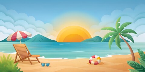 summer scene Illustration sea beach sand, rest lounger wallpaper summer background