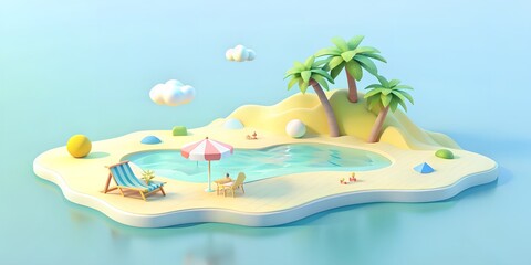 tropical island with palm trees Illustration sea beach sand, rest lounger wallpaper summer background