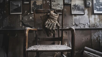 Nostalgic scene of worn astronaut gloves on wooden chair in rustic room with space mission photos on the walls