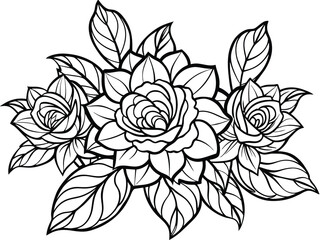 Fototapeta premium Elegant Floral Line Art Drawing with Roses and Leaves - Black and White Decorative Illustration