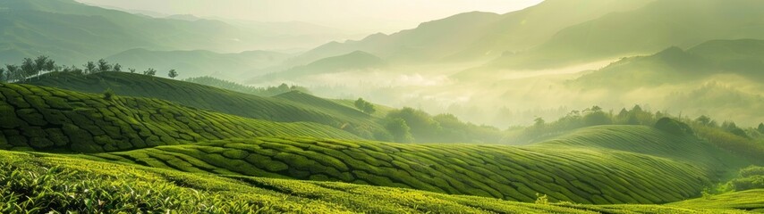 Landscape tea fields, green grasslands, distant mountains shrouded in mist, sunshine shining on the tea leaves of various colors, creating an ethereal and peaceful atmosphere