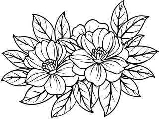 Elegant Black and White Line Art Illustration of Blooming Flowers with Leaves, Floral Outline Drawing for Coloring Book or Design