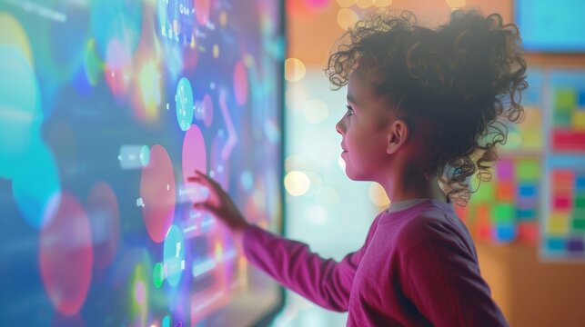 A teacher standing at the front of the class using a gesturecontrolled smart board to navigate through multimedia content displayed on the students smart surfaces.