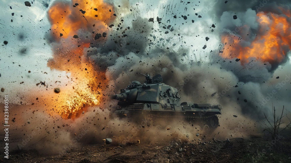 Wall mural intense tank explosion on chaotic battlefield dramatic war photography 18 - Wall murals