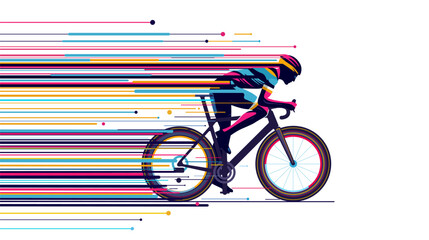 Cycling race competition poster design vector illustration. Cyclist acceleration with colorful motion trails.