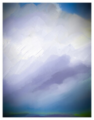 Impressionistic Landscape Cloudscape Digital Painting Art Illustration in Blue & Purple with Paint & Canvas Texture