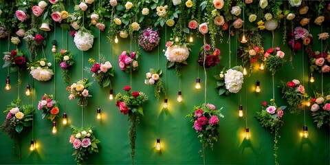 Flower Day, many bouquets of flowers hang on the wall, roses, peonies, different flowers are bright, the background is green with garlands