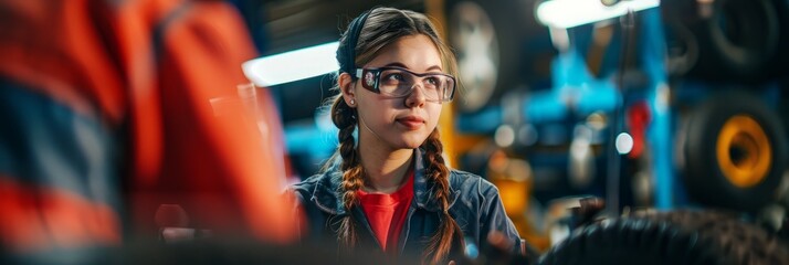 A female auto mechanic in glasses standing in front of a machine, discussing repair options with a customer, emphasizing trust and communication