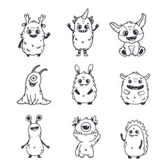  big set of cartoon monsters. Cute monsters in doodle style. Kids funny character design for posters, cards, magazins. Line. Vector illustration