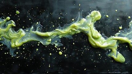   An artwork resembling a painting with green and yellow paint splatters on a dark canvas