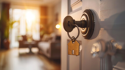 Key inserted into the lock of a vibrant blue front door, symbolizing new beginnings and home ownership