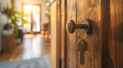 Obraz premium Key inserted into the lock of a vibrant blue front door, symbolizing new beginnings and home ownership