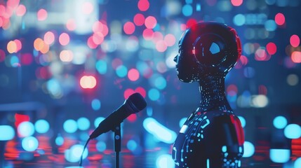 The AI moderator depicted as a humanoid figure speaks to the debaters through a microphone on the stage.