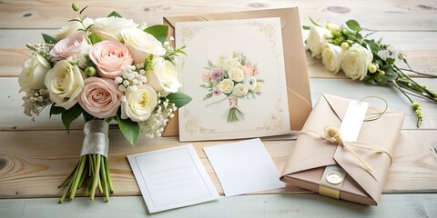 Wedding background, a bouquet lies near letters and sheets of paper
