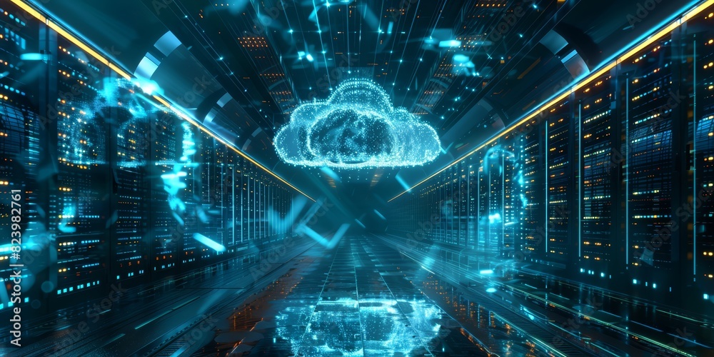 Poster Team Collaborating Around a Cloud Symbol, representing innovation and technology in business operations, highlighting cloud computing and digital solutions, Generative AI