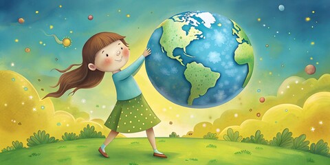 Naklejka premium little girl with globe Earth day, children hold the earth, children are the future earth wallpaper, background, nature, life on earth,