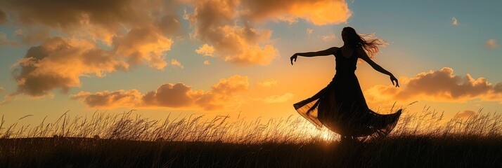 Graceful woman dancing in a field with the sun setting in the background