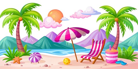 beach background Green background, vector image illustration art with summer umbrella and chair on the beach summer background, wallpaper