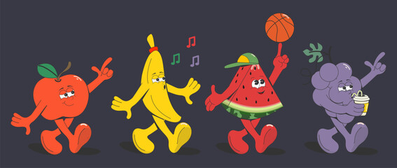 A set of cartoon groovy fruits:banana, watermelon, apple, grapes.Elements for the design of a T-shirt print, poster, sticker, card.Retro style.Vector illustration.