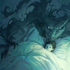 A child in bed looks frightened at a dark, monstrous shadow with branch-like extensions in a dimly lit room, depicting a vivid nightmare scene.