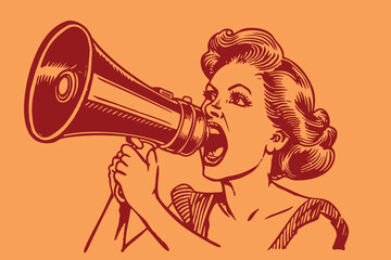 retro cartoon woman shouting in a loudhailer