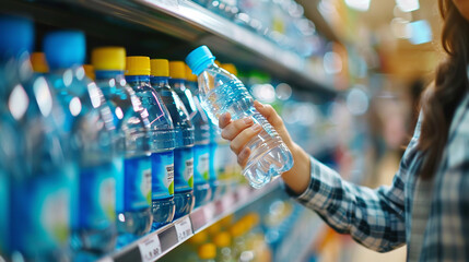 Woman buying bottled water in convenience store.