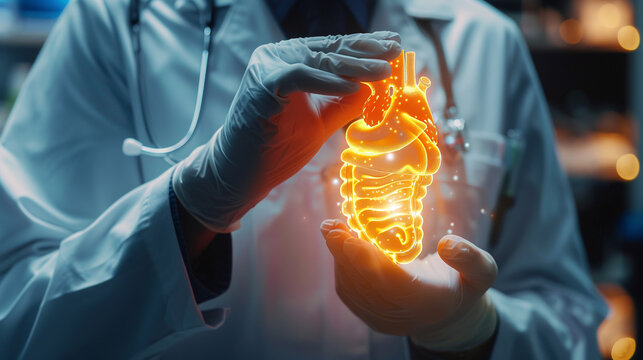 The doctor holds the human intestine.