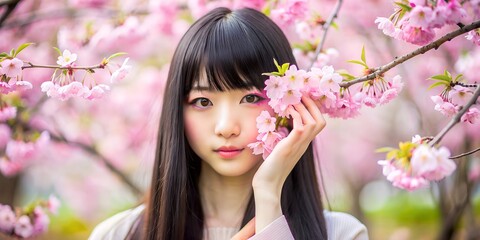 Naklejka premium portrait of a woman with flowers in her hair Portrait of a Japanese woman with brown hair, a sprig of sakura blooming near her face, around sakura and pink blurred background, beautiful Japanese woman
