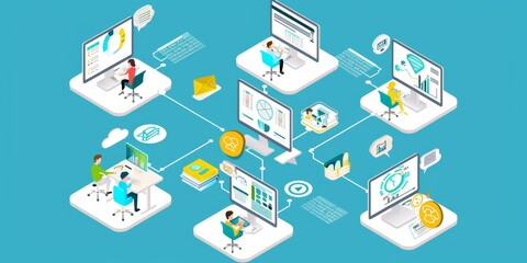 Fototapeta premium Business Team Collaboration in a Digital Workspace, highlighting technology and communication for remote work and productivity, showcasing modern office solutions, Generative AI