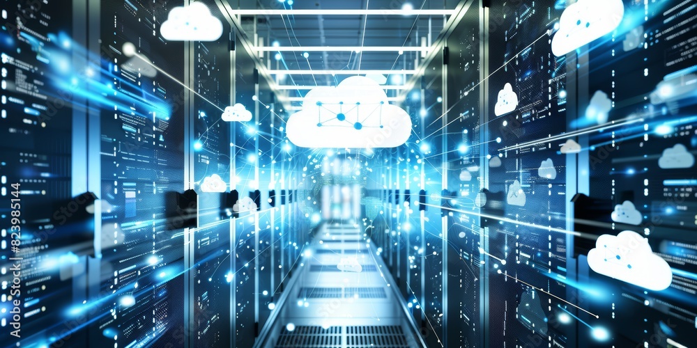 Poster Futuristic Data Center with Cloud Computing Integration, showcasing advanced server technology and high-tech infrastructure, representing the digital transformation, Generative AI