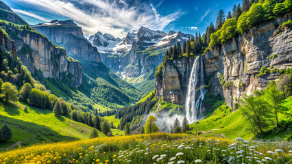 Majestic mountain landscape with a waterfall. Ideal for travel, environmental materials, covers and nature-themed wall art.
