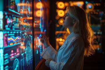 Obraz premium Scientist analyzing intricate data on advanced digital displays in a high-tech laboratory