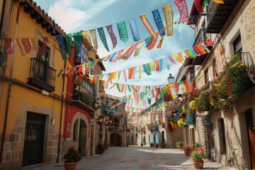 Experience the lively atmosphere of a plaza adorned with festive decorations and colorful streamers during the vibrant Fiesta in Spain.