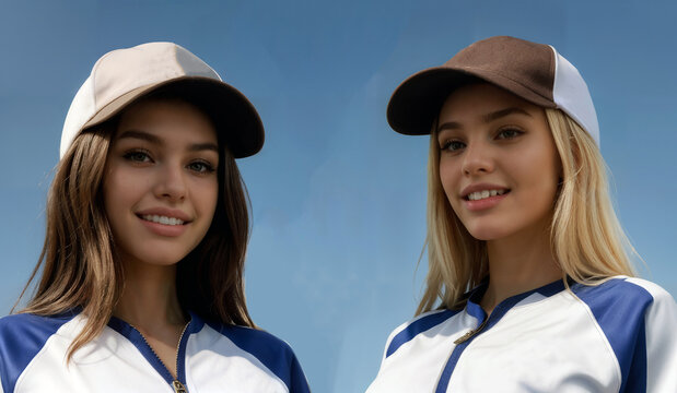 Two women in baseball caps and tracksuits