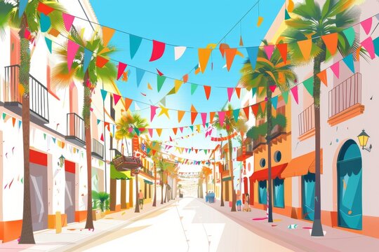 Fototapeta Experience the lively atmosphere of Carnaval de Sitges in Spain, with its brightly decorated street filled with banners and streamers.