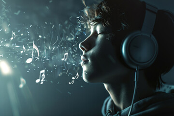 person with headphones, music visible in the air around their head. lost in the moment , dj wearing headphones 