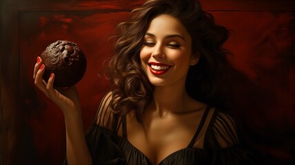 a naturally beautiful brunette woman with subtle make-up and bold red lipstick, smiling brightly while savoring a truffle chocolate