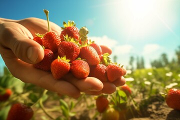 shot of strawberries being picked by hand under the intense summer sun, with dynamic movement and vibrant colors highlighting the peak of summer