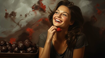 a naturally beautiful brunette woman with subtle make-up and bold red lipstick, smiling brightly while savoring a truffle chocolate