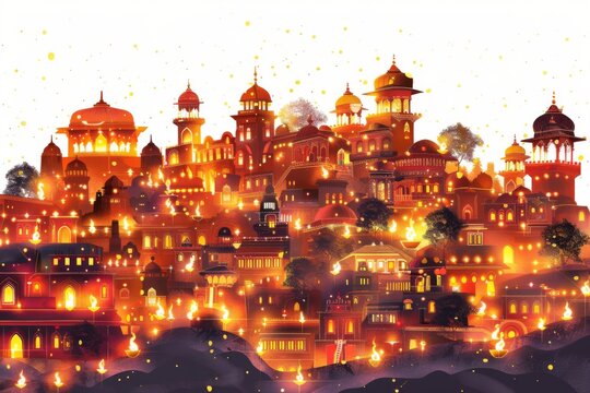 Experience the magical ambiance of Diwali with a stunning view of illuminated buildings and homes adorned with twinkling fairy lights and oil lamps, creating a joyous atmosphere in India.