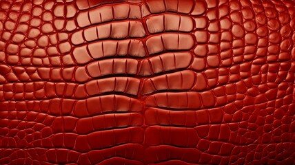 realistic image showcasing a vibrant piece of red crocodile leather, with the light highlighting its unique pattern and texture