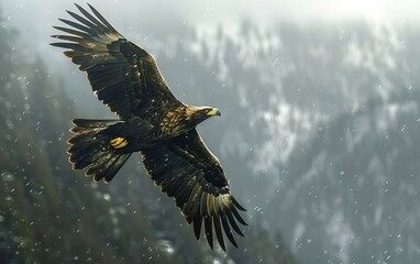 Obraz premium Majestic eagle soaring over snowy mountainous landscape, showcasing its powerful wings and freedom in a breathtaking wildlife scene.