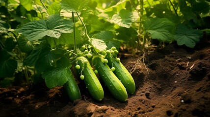 a thriving cucumber plant in a garden, with vibrant green leaves and young cucumbers growing, bathed in natural sunlight