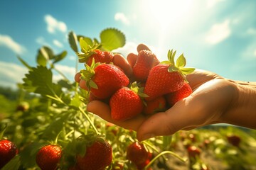 shot of strawberries being picked by hand under the intense summer sun, with dynamic movement and vibrant colors highlighting the peak of summer