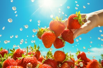 shot of strawberries being picked by hand under the intense summer sun, with dynamic movement and vibrant colors highlighting the peak of summer