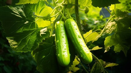a thriving cucumber plant in a garden, with vibrant green leaves and young cucumbers growing, bathed in natural sunlight
