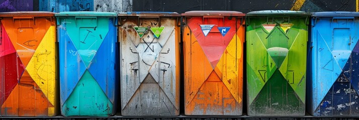 A row of vibrant trash cans with colorful arrows, emphasizing waste management practices