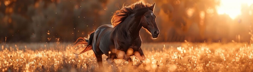 Majestic horse galloping through a golden meadow at sunset, captured in dynamic motion with warm, glowing light.