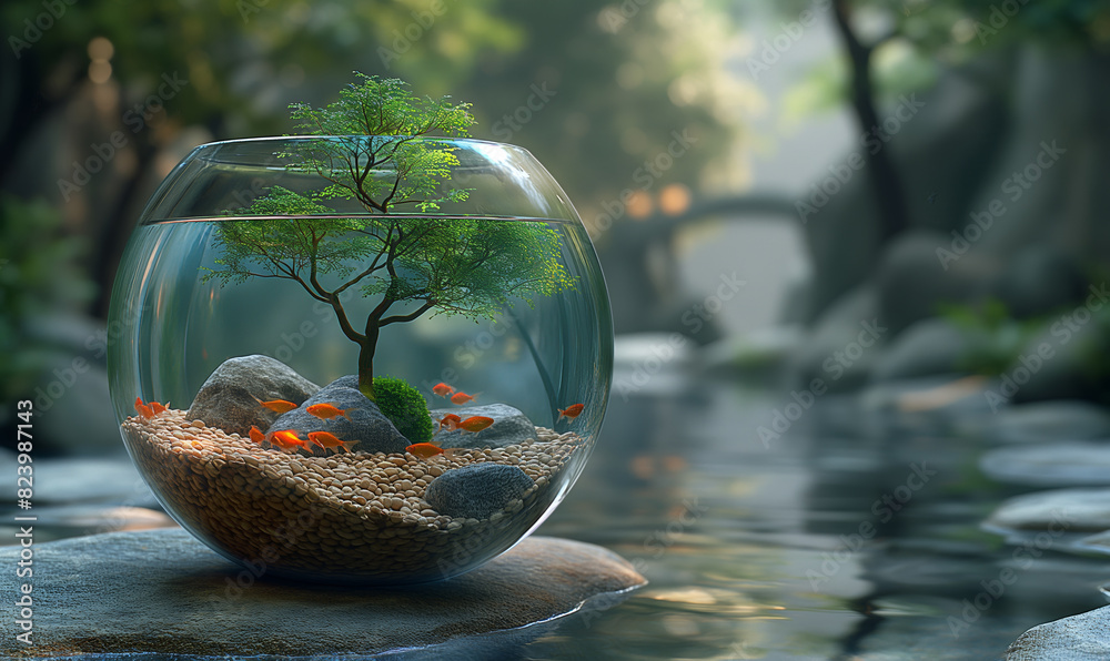 Wall mural Fish Bowl Filled With Water and Trees.