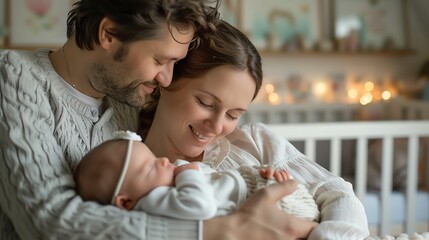 A couple gently placing their newborn into a crib, with a softly lit nursery in the background